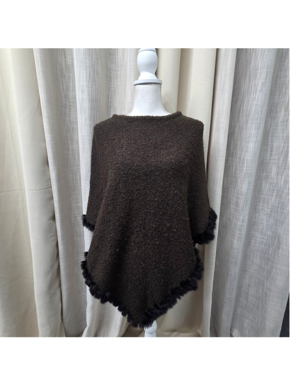 Escapade Brown Boucle Knit Wool Blend Poncho Cape Real Rabbit Fur Trim S/M Cozy